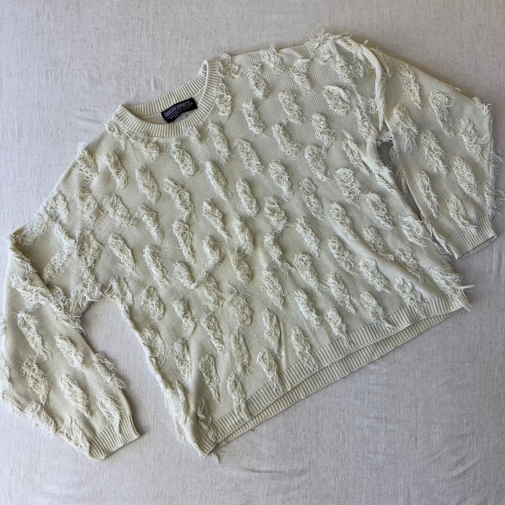 David Brett Vintage Shaggy Fringe Knit Sweater Cream Cotton Made in USA Mens L